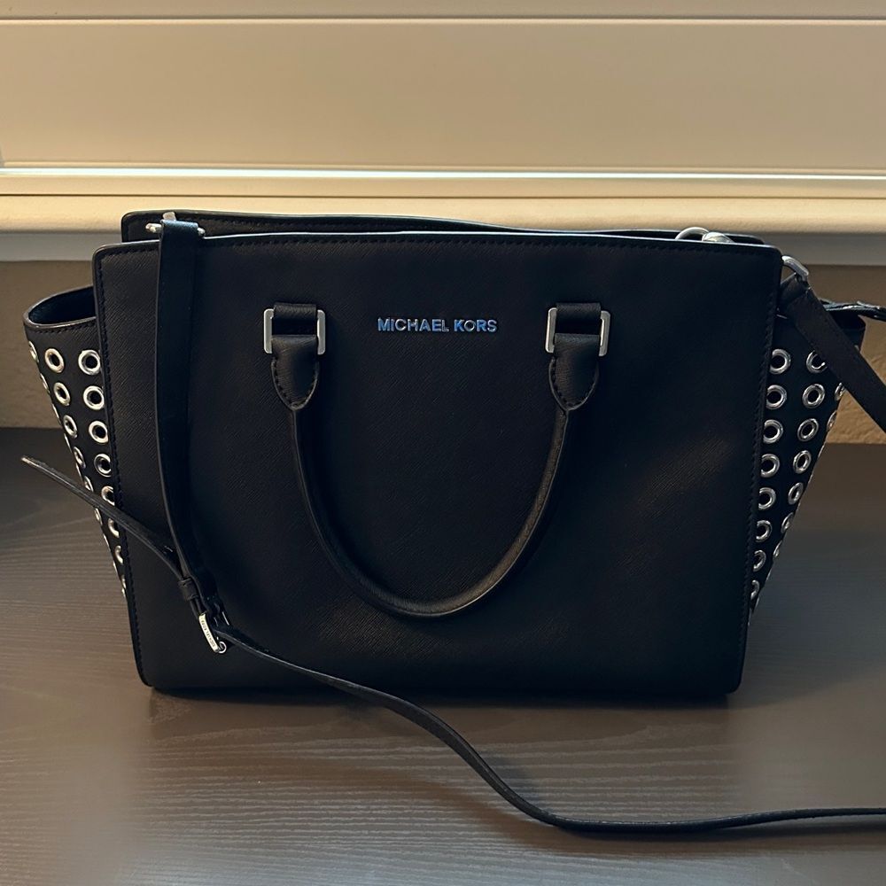 Michael Kors Black Satchel with Silver Eyelet Rivet Accents Crossbody Strap